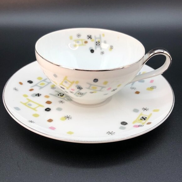 Vintage Tea Cup Saucer Set 50s Frolic pattern Mid Century Atomic Dinnerware - Picture 1 of 10